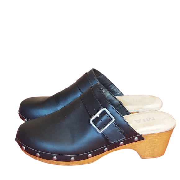 MIA Black Vegan Leather Silver Studded Clogs with Wooden Heel - Picture 14 of 14